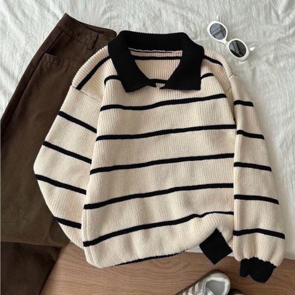Sweaters - Striped Collared Knit Sweater - Cream & Black